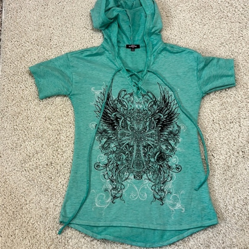 RANSOM M short sleeve sweatshirt type material hoodie with rhinestones in EUC